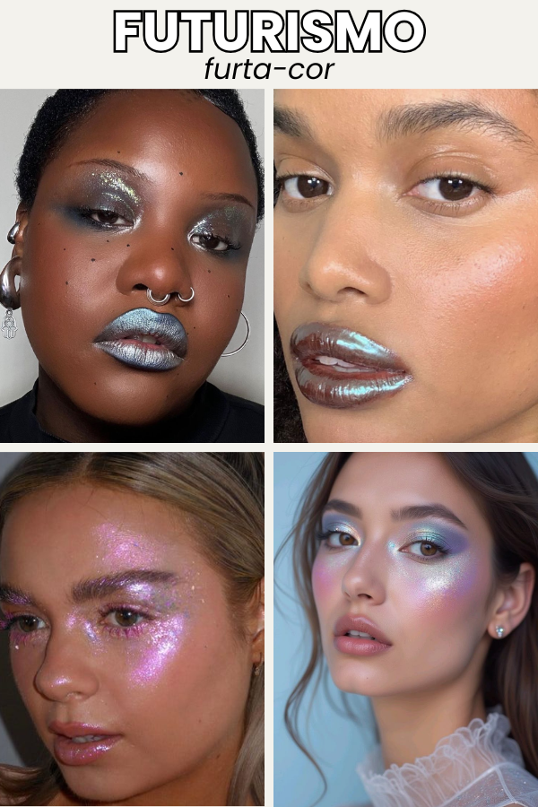 Maquiagens de Carnaval 2026: tendências criativas para ousar, brilhar e se divertir na folia 8 Maquiagens para Carnaval 2026 futurista furta-cor